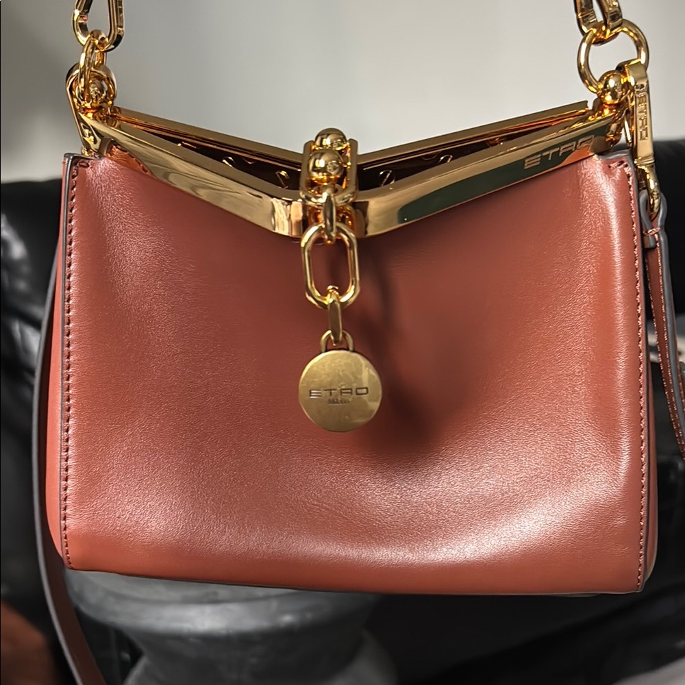 Tan and Gold Shoulder Bag with Structured Design